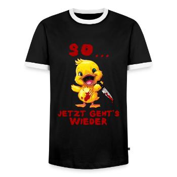 Alors maintenant, c’est reparti - Couteau de canard Halloween - T-shirt contrasté Homme - noir/blanc - Devant - AI Model Female 172 light (172cm) & AI Model Male 178 light (178cm)
