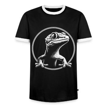 Reptilian Love Cute Gecko - Men's Ringer Shirt - black/white - Front - AI Model Female 172 light (172cm) & AI Model Male 178 light (178cm)