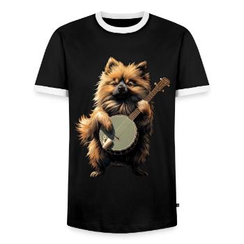 Keeshond Dog Bluegrass Banjo Player - Men's Ringer Shirt - black/white - Front - AI Model Female 172 light (172cm) & AI Model Male 178 light (178cm)