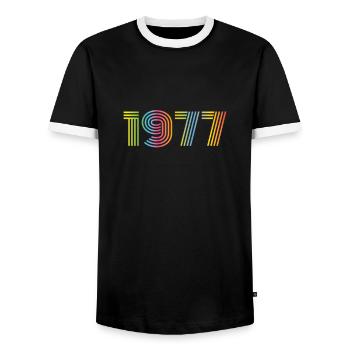 1977 Birthday Funky Year - Men's Ringer Shirt - black/white - Front - AI Model Female 172 light (172cm) & AI Model Male 178 light (178cm)