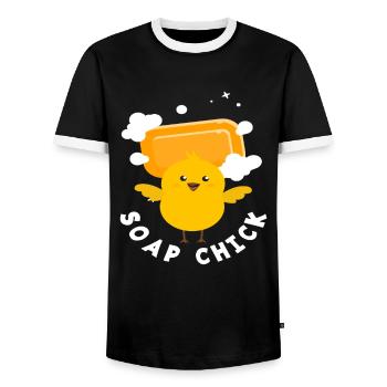 Seifen-Küken Lustiges Cartoon-Huhn - Männer Kontrast-T-Shirt - Schwarz/Weiß - Vorne - AI Model Female 172 light (172cm) & AI Model Male 178 light (178cm)