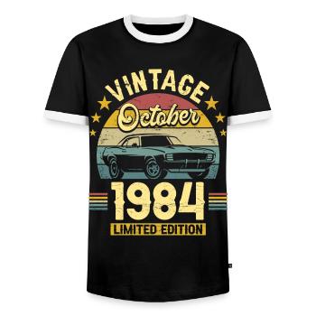Octobre 1984 Voiture 40ème Anniversaire - T-shirt contrasté Homme - noir/blanc - Devant - AI Model Female 172 light (172cm) & AI Model Male 178 light (178cm)