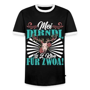 Ersatzdirndl MEI DIRNDL IS Z'KLOA FÜR ZWOA - Männer Kontrast-T-Shirt - Schwarz/Weiß - Vorne - AI Model Female 172 light (172cm) & AI Model Male 178 light (178cm)