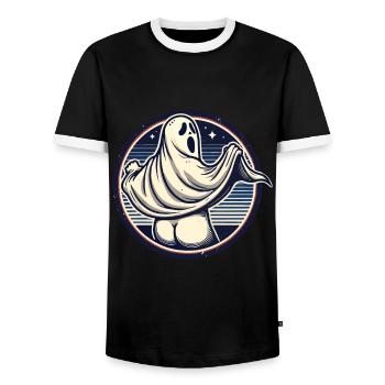 Funny Halloween Ghost Freak Under Sheet - Men's Ringer Shirt - black/white - Front - AI Model Female 172 light (172cm) & AI Model Male 178 light (178cm)