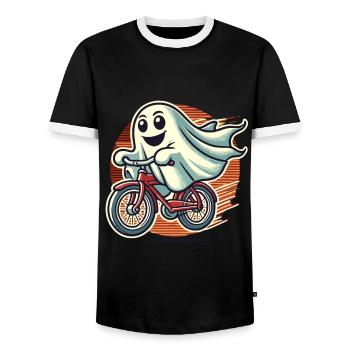 Bicycle Riding Ghost Funny Ghost - Men's Ringer Shirt - black/white - Front - AI Model Female 172 light (172cm) & AI Model Male 178 light (178cm)