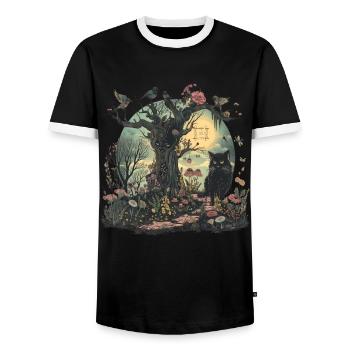 Cottagecore Ästhetische schwarze Katze Baum Vögel - Männer Kontrast-T-Shirt - Schwarz/Weiß - Vorne - AI Model Female 172 light (172cm) & AI Model Male 178 light (178cm)