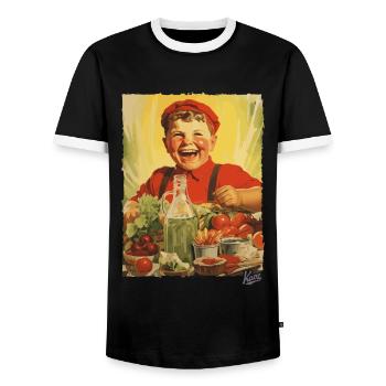 Vintage Propaganda: Boy Eats Healthy Food - Men's Ringer Shirt - black/white - Front - AI Model Female 172 light (172cm) & AI Model Male 178 light (178cm)