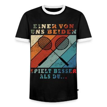 One of us plays better than badminton - Men's Ringer Shirt - black/white - Front - AI Model Female 172 light (172cm) & AI Model Male 178 light (178cm)