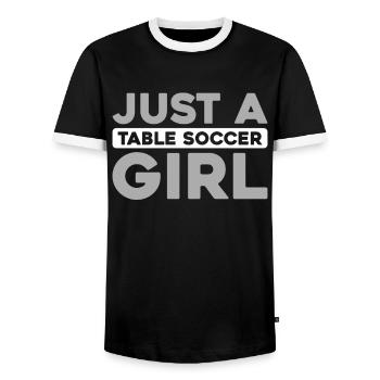Tischfußball Kicker Just A Table Soccer Girl - Men's Ringer Shirt - black/white - Front - AI Model Female 172 light (172cm) & AI Model Male 178 light (178cm)