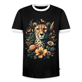 Cheetah Cheetah Flowers - Men's Ringer Shirt - black/white - Front - AI Model Female 172 light (172cm) & AI Model Male 178 light (178cm)