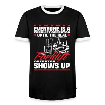 Real Forklift Driver Saying Funny - Men's Ringer Shirt - black/white - Front - AI Model Female 172 light (172cm) & AI Model Male 178 light (178cm)