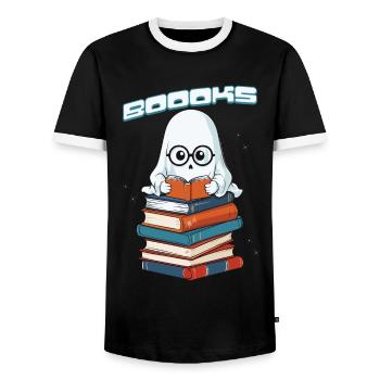 Cute Book Lover Ghost Funny Saying - Men's Ringer Shirt - black/white - Front - AI Model Female 172 light (172cm) & AI Model Male 178 light (178cm)