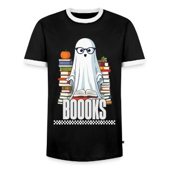 Cute Book Lover Ghost - Men's Ringer Shirt - black/white - Front - AI Model Female 172 light (172cm) & AI Model Male 178 light (178cm)