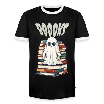 Cute Book Lover Ghost - Men's Ringer Shirt - black/white - Front - AI Model Female 172 light (172cm) & AI Model Male 178 light (178cm)
