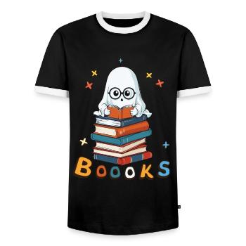 Cute Funny Book Lover Ghost - Men's Ringer Shirt - black/white - Front - AI Model Female 172 light (172cm) & AI Model Male 178 light (178cm)