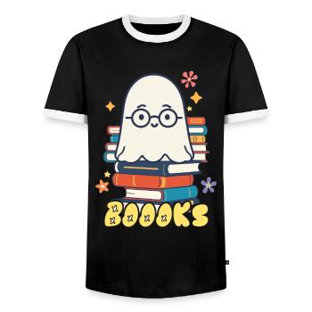 Cute Book Lover Ghost - Men's Ringer Shirt - black/white - Front - AI Model Female 172 light (172cm) & AI Model Male 178 light (178cm)