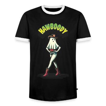 Cowboy Girl Ghost Funny Hawboody Saying - Men's Ringer Shirt - black/white - Front - AI Model Female 172 light (172cm) & AI Model Male 178 light (178cm)