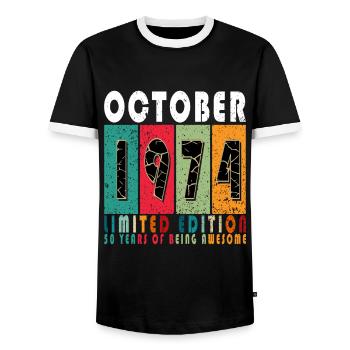 1974 October 1974 Birthday October 1974 Original - Men's Ringer Shirt - black/white - Front - AI Model Female 172 light (172cm) & AI Model Male 178 light (178cm)