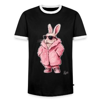 Super cool pink fur coat with bunny in it - Men's Ringer Shirt - black/white - Front - AI Model Female 172 light (172cm) & AI Model Male 178 light (178cm)