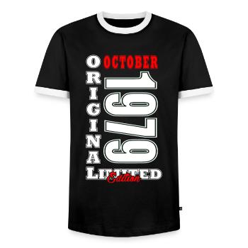October 1979 Geburtstag im Oktober - Oktober 1979 - Männer Kontrast-T-Shirt - Schwarz/Weiß - Vorne - AI Model Female 172 light (172cm) & AI Model Male 178 light (178cm)