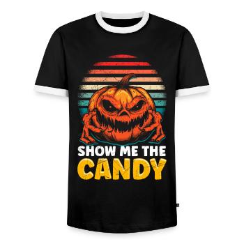 Halloween Costume Kids SHOW ME THE CANDY Horror - Men's Ringer Shirt - black/white - Front - AI Model Female 172 light (172cm) & AI Model Male 178 light (178cm)