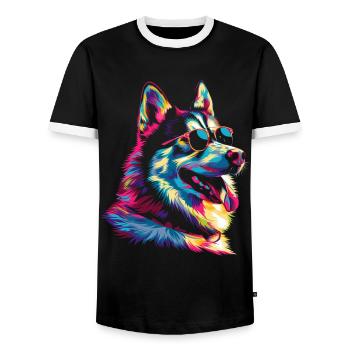 Siberian Husky Dog Sunglasses Popart - Men's Ringer Shirt - black/white - Front - AI Model Female 172 light (172cm) & AI Model Male 178 light (178cm)