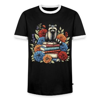 Raccoon Flower Book Reader Floral Cottagecore - Men's Ringer Shirt - black/white - Front - AI Model Female 172 light (172cm) & AI Model Male 178 light (178cm)