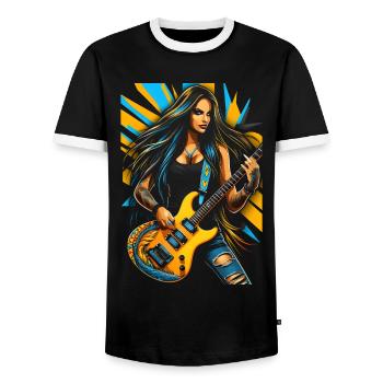Wild guitar diva with electric guitar - Men's Ringer Shirt - black/white - Front - AI Model Female 172 light (172cm) & AI Model Male 178 light (178cm)