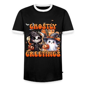 Halloween Kids GHOSTLY GREETINGS Funny - Men's Ringer Shirt - black/white - Front - AI Model Female 172 light (172cm) & AI Model Male 178 light (178cm)