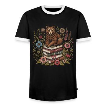Bear Brown Bear Flower Book Reader Floral Cottagecore - Men's Ringer Shirt - black/white - Front - AI Model Female 172 light (172cm) & AI Model Male 178 light (178cm)
