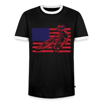 BMX rider in front of USA flag - Men's Ringer Shirt - black/white - Front - AI Model Female 172 light (172cm) & AI Model Male 178 light (178cm)