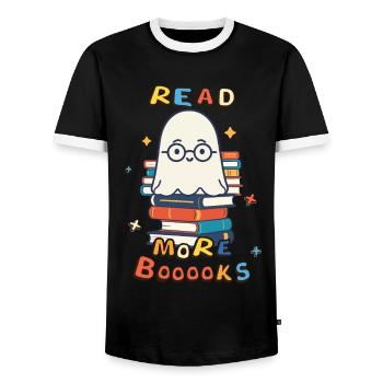 Cute Book Lover Ghost Halloween - Men's Ringer Shirt - black/white - Front - AI Model Female 172 light (172cm) & AI Model Male 178 light (178cm)