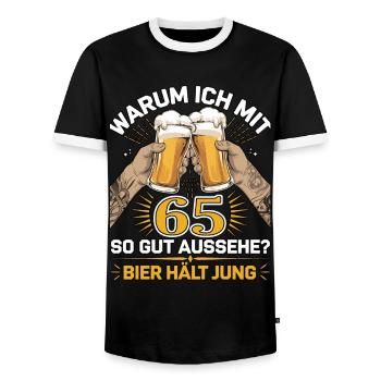 Pourquoi est-ce que j’ai l’air si bien à 65 ans ? La bière vous garde jeune - T-shirt contrasté Homme - noir/blanc - Devant - AI Model Female 172 light (172cm) & AI Model Male 178 light (178cm)