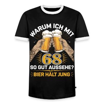 Pourquoi est-ce que j’ai l’air si bien à 68 ans ? La bière vous garde jeune - T-shirt contrasté Homme - noir/blanc - Devant - AI Model Female 172 light (172cm) & AI Model Male 178 light (178cm)