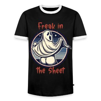 Freak in the Sheet Creepy Ghost Lover - Men's Ringer Shirt - black/white - Front - AI Model Female 172 light (172cm) & AI Model Male 178 light (178cm)