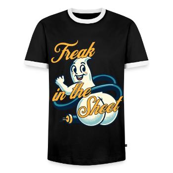 Freak In The Sheet Funny Ghost Design - Men's Ringer Shirt - black/white - Front - AI Model Female 172 light (172cm) & AI Model Male 178 light (178cm)