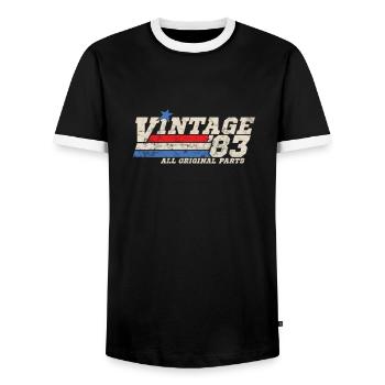 1983 Birthday Vintage All Original Parts No II - Men's Ringer Shirt - black/white - Front - AI Model Female 172 light (172cm) & AI Model Male 178 light (178cm)