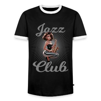 Jazz Club Saxophonspielerin Saxophonistin - Männer Kontrast-T-Shirt - Schwarz/Weiß - Vorne - AI Model Female 172 light (172cm) & AI Model Male 178 light (178cm)