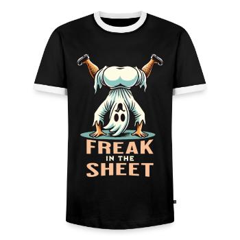 Freak In Sheet Funny Ghost Design - Men's Ringer Shirt - black/white - Front - AI Model Female 172 light (172cm) & AI Model Male 178 light (178cm)
