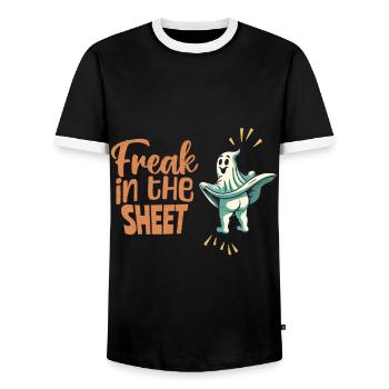 Freak in the Sheet Funny Halloween Ghost - Men's Ringer Shirt - black/white - Front - AI Model Female 172 light (172cm) & AI Model Male 178 light (178cm)
