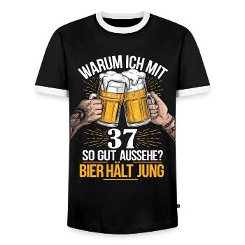 Pourquoi est-ce que j’ai l’air si bien à 37 ans ? La bière vous garde jeune - T-shirt contrasté Homme - noir/blanc - Devant - AI Model Female 172 light (172cm) & AI Model Male 178 light (178cm)