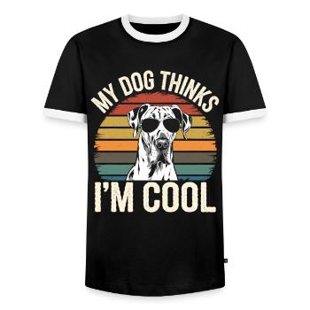 Deutsche Dogge Mein Hund Denkt Das Ich Cool Bin - Männer Kontrast-T-Shirt - Schwarz/Weiß - Vorne - AI Model Female 172 light (172cm) & AI Model Male 178 light (178cm)