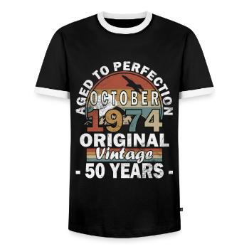 Vintage October 1974 - October 1974 Retro - Men's Ringer Shirt - black/white - Front - AI Model Female 172 light (172cm) & AI Model Male 178 light (178cm)