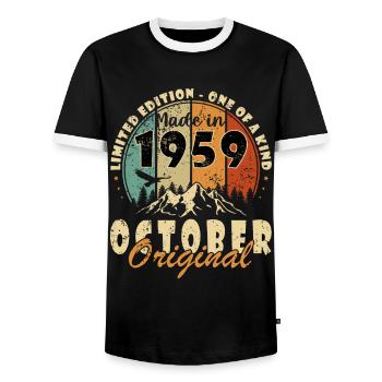October 1959 Original: Gift for the 65th anniversary - Men's Ringer Shirt - black/white - Front - AI Model Female 172 light (172cm) & AI Model Male 178 light (178cm)