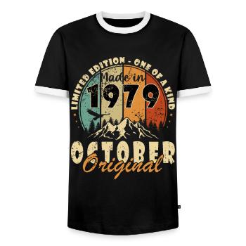 Born in October 1979 | Birthday October 1979 - Men's Ringer Shirt - black/white - Front - AI Model Female 172 light (172cm) & AI Model Male 178 light (178cm)