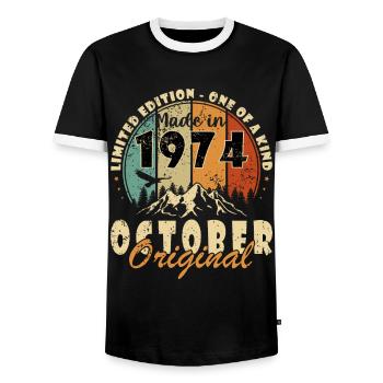 Vintage October 1974 - October 1974 Retro - Men's Ringer Shirt - black/white - Front - AI Model Female 172 light (172cm) & AI Model Male 178 light (178cm)