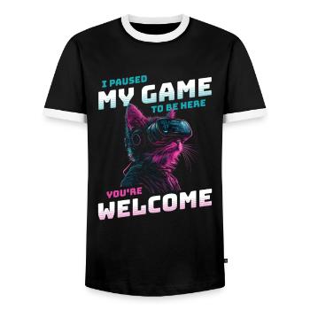 I just paused my game to be here Funny VR Cat - Men's Ringer Shirt - black/white - Front - AI Model Female 172 light (172cm) & AI Model Male 178 light (178cm)