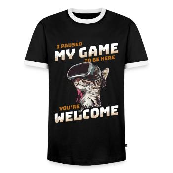 I just paused my game to be here - Cat with VR - Men's Ringer Shirt - black/white - Front - AI Model Female 172 light (172cm) & AI Model Male 178 light (178cm)