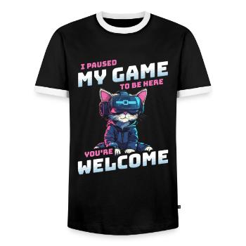 I just paused my game to be here - Cat VR Glasses - Men's Ringer Shirt - black/white - Front - AI Model Female 172 light (172cm) & AI Model Male 178 light (178cm)
