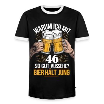 Pourquoi est-ce que j’ai l’air si bien à 46 ans ? La bière vous garde jeune - T-shirt contrasté Homme - noir/blanc - Devant - AI Model Female 172 light (172cm) & AI Model Male 178 light (178cm)